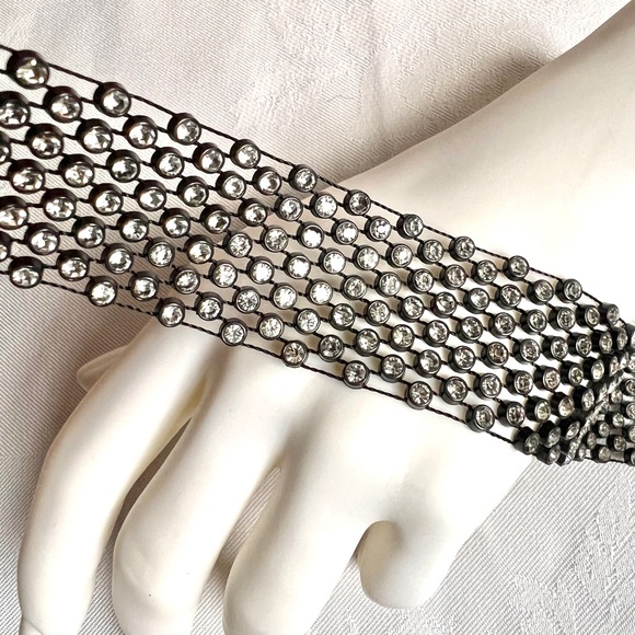 Rhinestones Rows Black mesh Choker Goth intricated lightweight Necklace 12"+2.5" - Picture 4 of 11